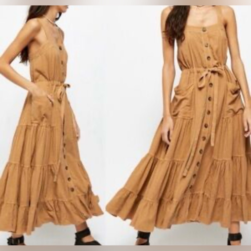 Free People Tan Tiered Button-Front Maxi Dress